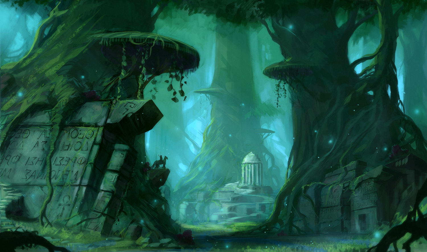 jjcanvas, original, forest, giant tree, grass, landscape, light particles, nature, painterly, plant, plant roots, ruins, runes, scenery, tree, vines