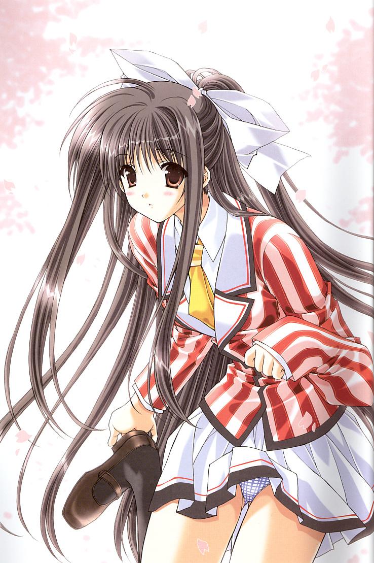 suzuhira hiro, sore wa maichiru sakura no you ni, striped, 1girl, black socks, blouse, blue panties, checkered clothes, checkered panties, female focus, kneehighs, long hair, mary janes, miniskirt, panties, pantyshot, plaid clothes, plaid panties, ponytail, school uniform, serafuku, shirt, shoes, skirt, socks, solo, underwear, very long hair, wind, wind lift