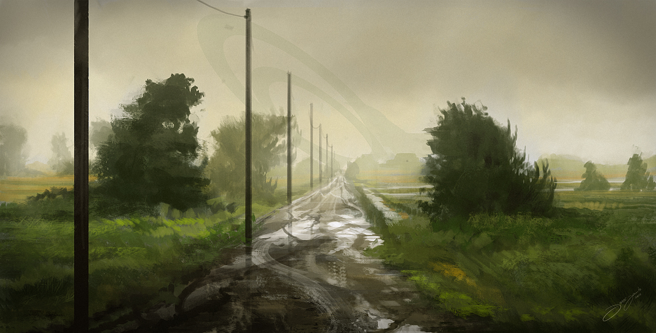 jjcanvas, original, cloud, cloudy sky, dirt road, field, grass, landscape, mud, no humans, painterly, power lines, road, scenery, signature, sky, tree, wind