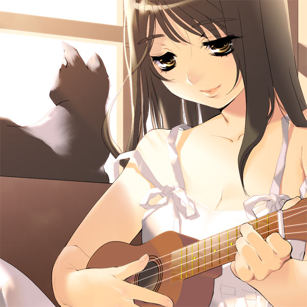 888, tagme, 1girl, cat, female focus, holding instrument, holding ukulele, instrument, solo, ukulele