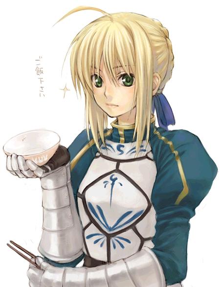 yuuryuu nagare, artoria pendragon (fate), saber (fate), fate/stay night, fate (series), duplicate, jpeg artifacts, 00s, 1girl, animal print, armor, blonde hair, bow, bowl, chopsticks, female focus, green eyes, rabbit print, rice, rice bowl, solo