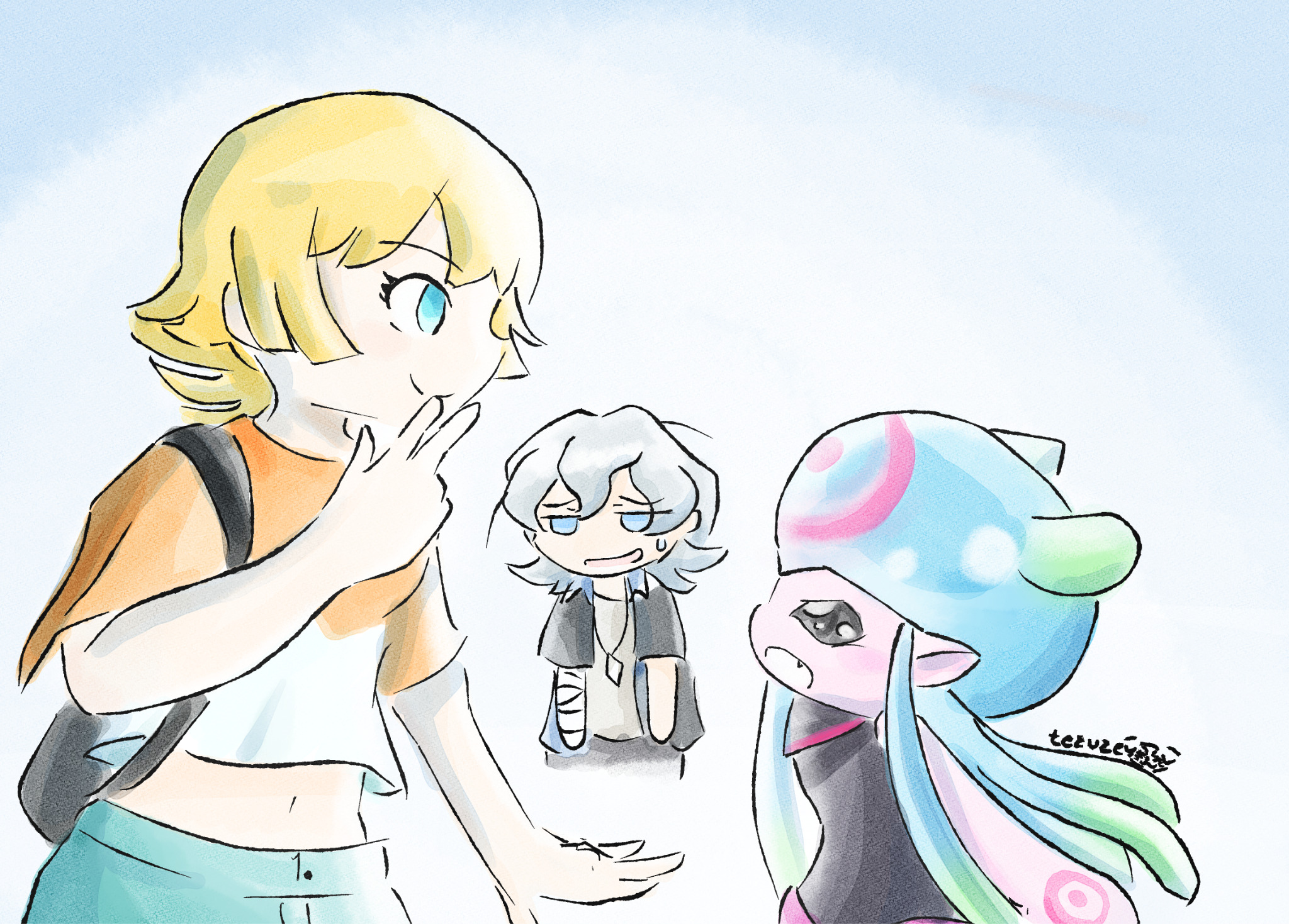 tezuze, emma hanes, higashimitarai kiyoshiro, jellymon, digimon, digimon ghost game, bandaged arm, bandages, blue eyes, digimon (creature), jealous, jellyfish girl, looking at another, monster girl, short hair, tentacle hair, tentacles, white hair