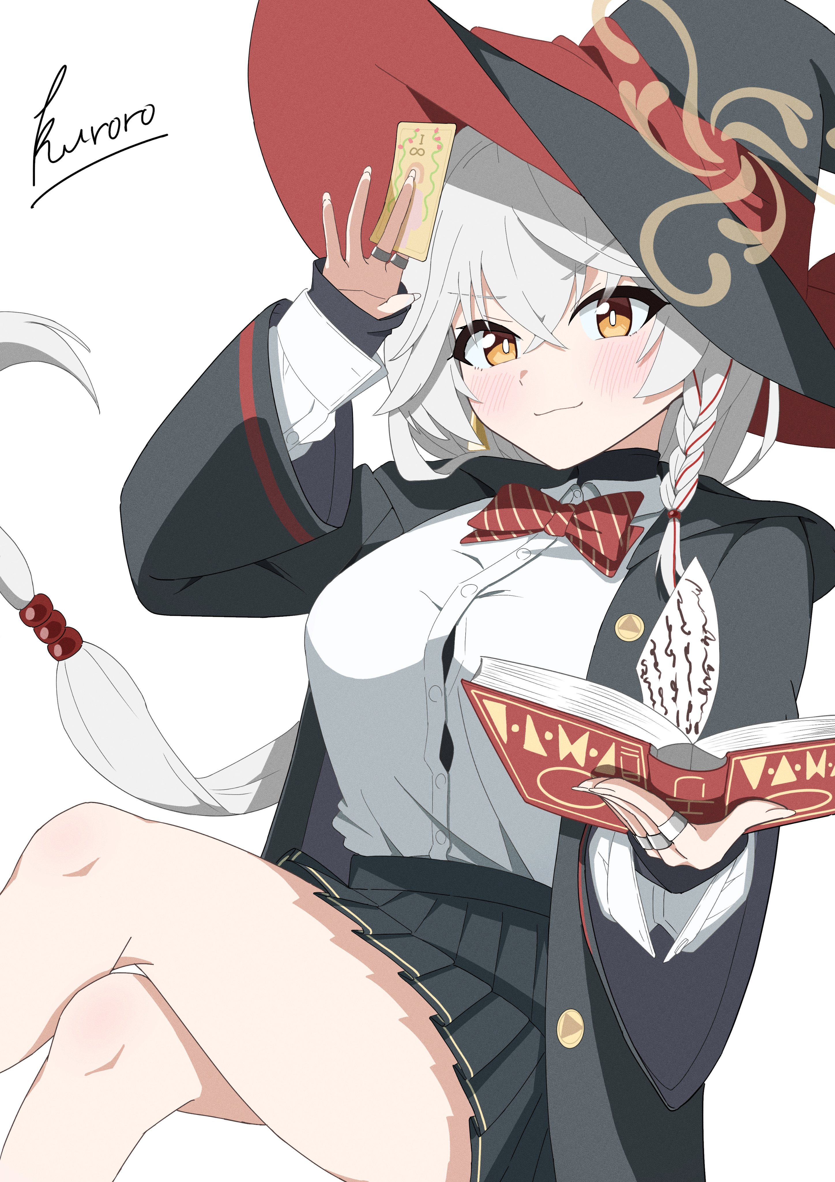 eri (blue archive), blue archive, blush stickers, book, bow, bowtie, braid, card, crossed legs, earrings, halo, hat, holding, jacket, jewelry, kuroro 0427, long coat, long hair, looking at viewer, panties, ring, shirt, skirt, smile, sweater, thighs, underwear, white hair, witch hat