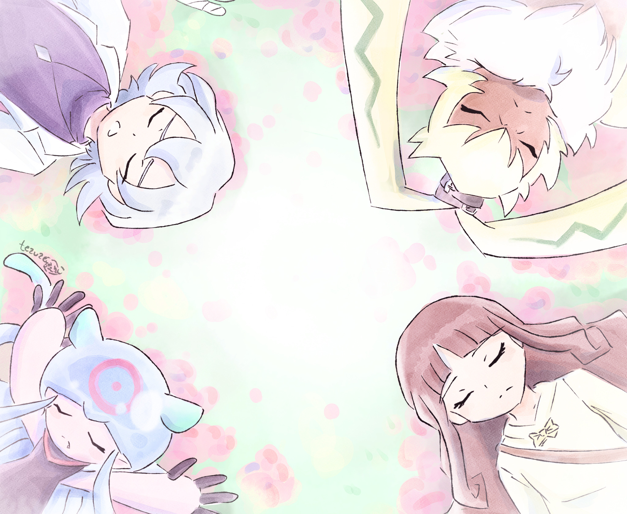 tezuze, higashimitarai kiyoshiro, jellymon, symbareangoramon, tsukiyono ruli, digimon, digimon ghost game, digimon (creature), jellyfish girl, monster girl, sleeping, tentacle hair, tentacles