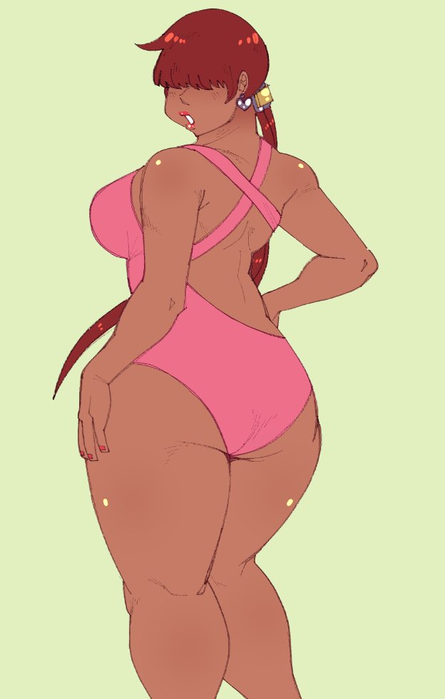 1shermieaday, shermie (kof), the king of fighters, 1girl, ass, bikini, breasts, curvy, dark-skinned female, dark skin, earrings, female focus, from behind, heart, huge ass, huge breasts, jewelry, large breasts, long hair, looking at viewer, looking back, marellartt, one-piece swimsuit, pink bikini, ponytail, red hair, shiny skin, standing, sunburn, swimsuit, tan, thick thighs, thighs, twintails, wide hips