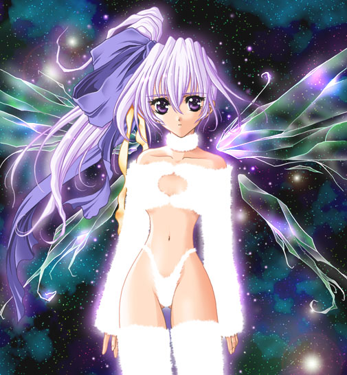 1girl, blush, breasts, choker, cleavage cutout, clothing cutout, detached wings, fairy wings, female focus, fur choker, fur panties, hair ribbon, lingerie, long hair, long sleeves, looking at viewer, midriff, navel, panties, parted lips, ponytail, purple eyes, purple hair, ribbon, shirt, side ponytail, sky, small breasts, socks, solo, space, standing, star (sky), starry sky, teeth, thighhighs, underwear, white panties, white shirt, white socks, wings