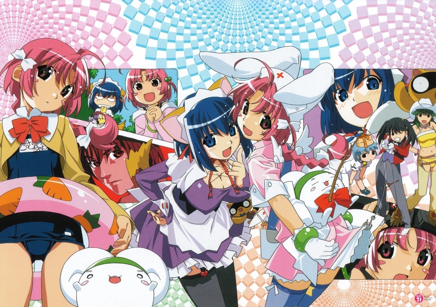 watanabe akio, akiba megumi, bisuke-tan, date kyousuke, kokubunji koyori, mugimaru, nakahara komugi, posokichi, sakurai asuka, tokisaka runa, nurse witch komugi-chan, highres, 00s, 1boy, 5girls, = =, age difference, ahoge, animal ears, bent over, biscuit (bread), black hair, black thighhighs, blue eyes, blue hair, blue thighhighs, blush, blush stickers, bow, bracelet, braid, breasts, carrot, chaps, choker, cleavage, clothes lift, cowboy hat, cowboy western, dress, dress lift, everyone, fang, finger gun, fishing rod, food, gloves, green hair, hair bobbles, hair ornament, hand on own hip, hat, head tilt, hip focus, innertube, jewelry, large breasts, leaning, long hair, magical maid koyori, maid, maid headdress, mugi-maru, multiple girls, nail polish, name tag, nurse, nurse cap, o o, object on head, one-piece swimsuit, own hands clasped, own hands together, pink eyes, pink hair, pointing, rabbit ears, red nails, ribbon, school swimsuit, school uniform, serafuku, short hair, swim ring, swimsuit, syrup, tail, thighhighs, twintails, wings