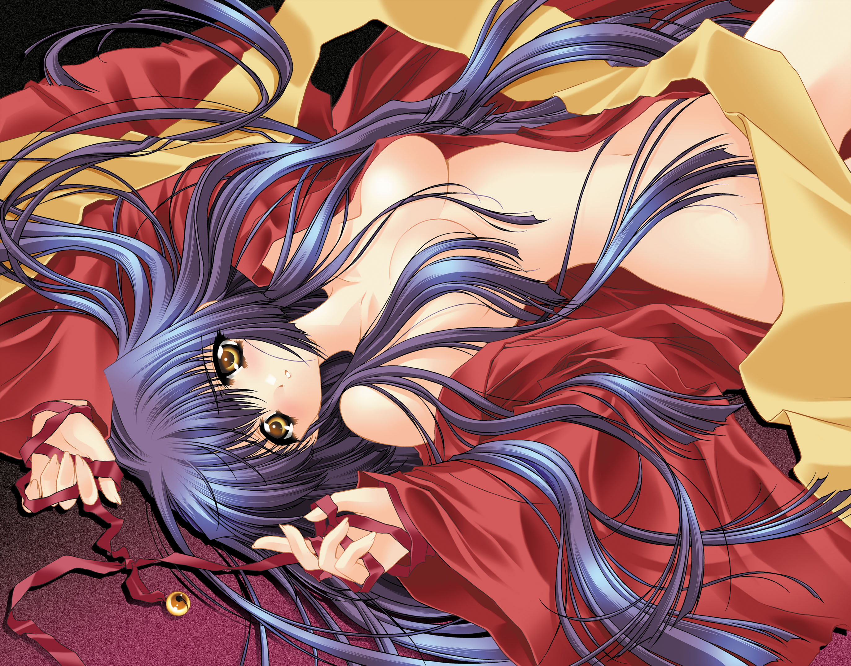 carnelian, kuraki mizuna, kuraki suzuna, suzuna, kao no nai tsuki, highres, non-web source, 00s, 1girl, bell, blue hair, blush, breasts, censored, convenient censoring, female focus, gradient hair, hair censor, hair over breasts, japanese clothes, jingle bell, kimono, long hair, lying, miko, multicolored hair, navel, off shoulder, on back, open clothes, purple hair, ribbon, solo, very long hair, yellow eyes