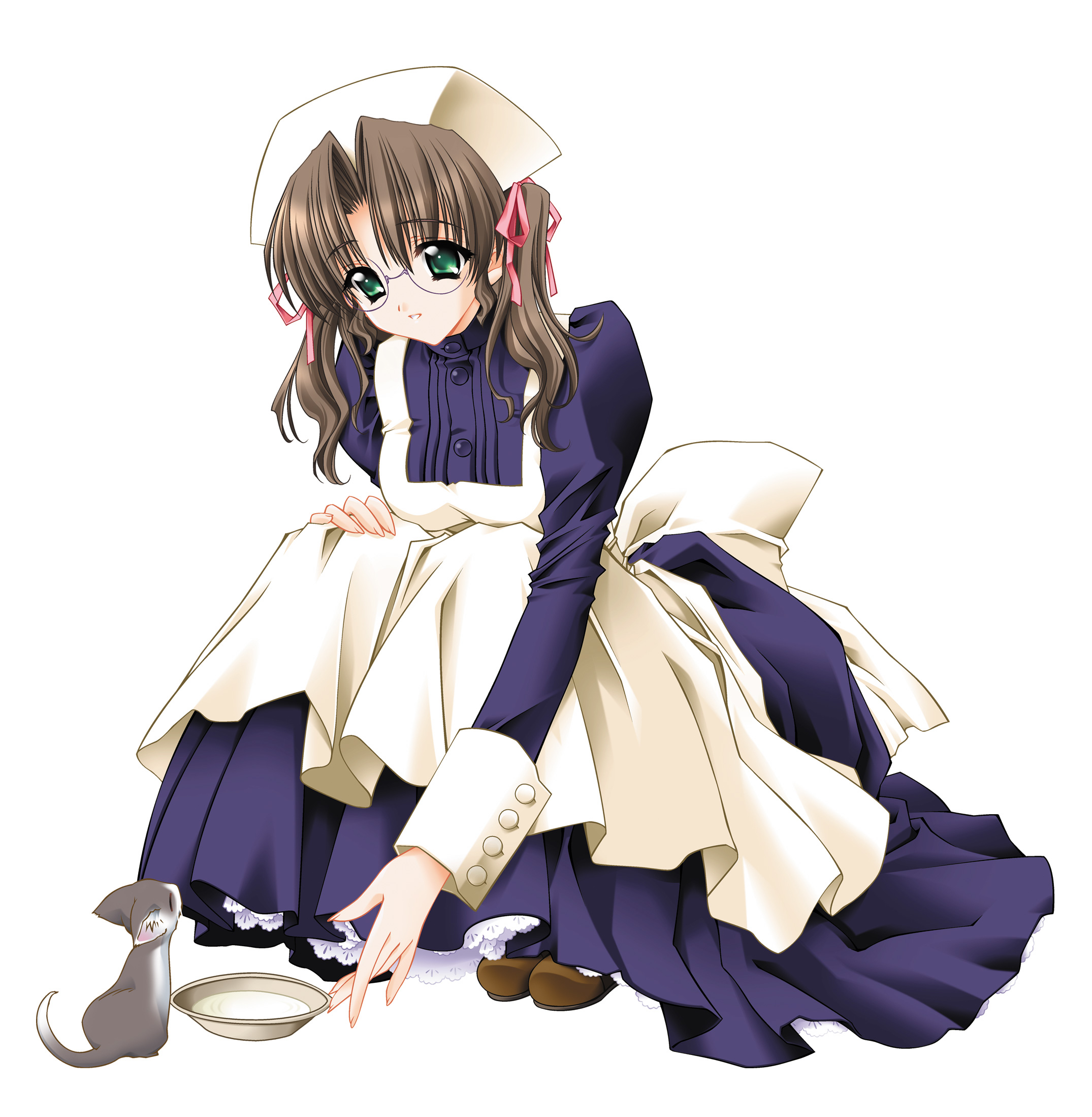 carnelian, harukawa tomomi, kao no nai tsuki, highres, 00s, 1girl, brown hair, cat, female focus, full body, glasses, green eyes, maid, simple background, solo, squatting, twintails, white background