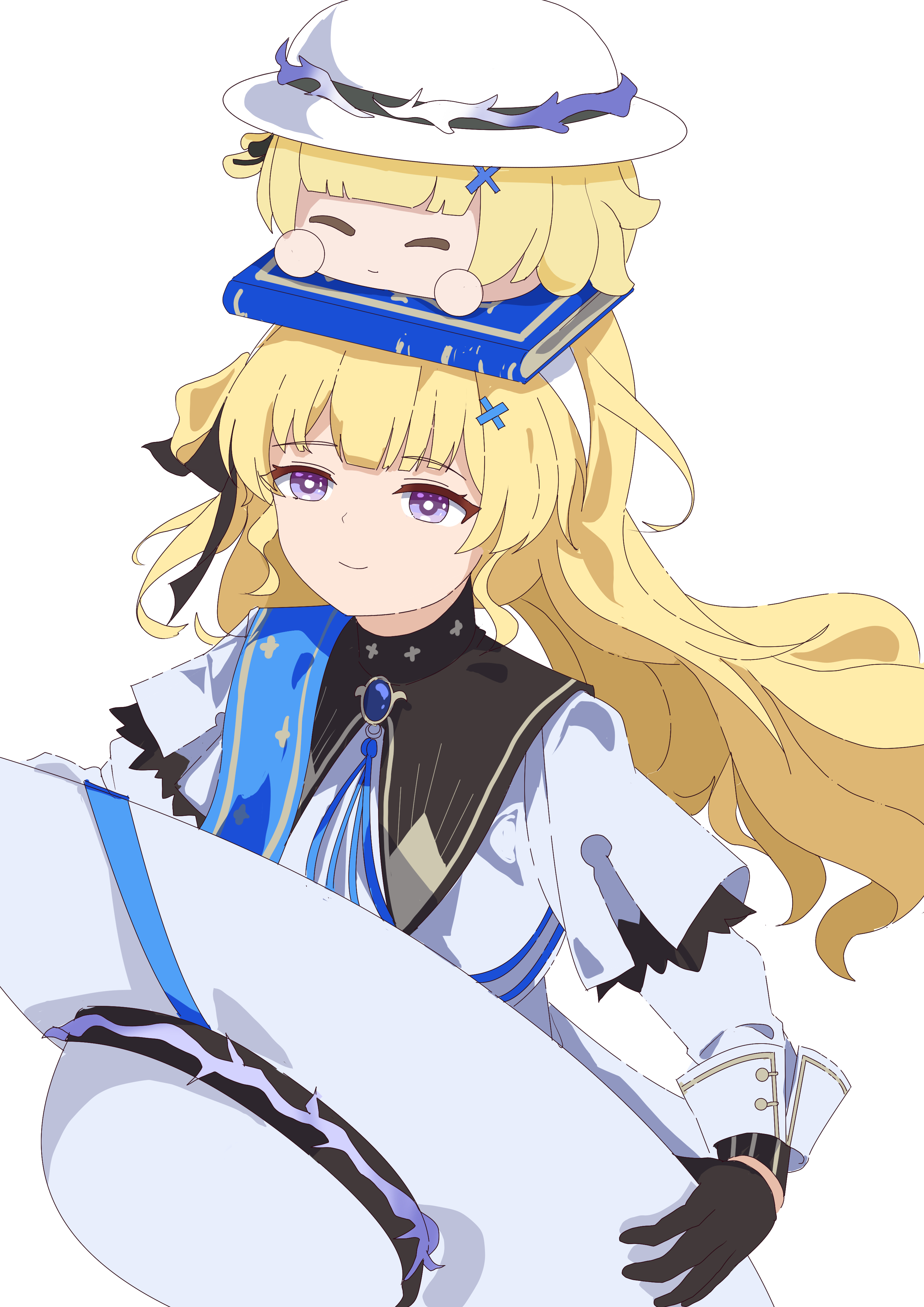 phoebe (wuthering waves), wuthering waves, absurdres, highres, 1girl, ball hands, black collar, black gloves, blonde hair, blue sash, book, closed mouth, collar, dual persona, gloves, hair ornament, hairband, hat, holding, holding unworn clothes, holding unworn hat, long hair, long sleeves, missing commentary, purple eyes, qianbihezhong, remnant cube (wuthering waves), sash, shirt, simple background, smile, solo, unworn hat, unworn headwear, white background, white hairband, white hat, white shirt, x hair ornament