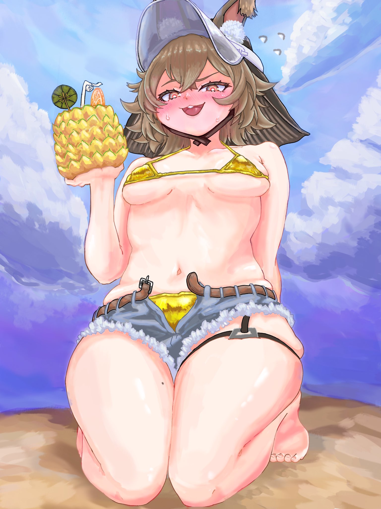 caper (arknights), caper (summer flowers) (arknights), arknights, highres, 1girl, animal ears, belt, bikini, blush, breasts, brown hair, bsyab1, criss-cross straps, denim, denim shorts, drinking straw, ears through hood, flying sweatdrops, food, frayed shorts, fruit, gold bikini, kneeling, mole, mole on thigh, navel, official alternate costume, open belt, open mouth, orange (fruit), orange slice, pineapple, rabbit ears, red eyes, short hair, short shorts, shorts, sky, smile, solo, swimsuit, teeth, thigh strap, upper teeth only, visor cap, white visor