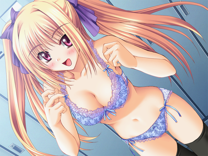 kannatsuki noboru, yugiri perserte, shinkyoku soukai polyphonica, game cg, 00s, 1girl, black thighhighs, blonde hair, blue bra, blue panties, bra, female focus, frilled bra, frilled panties, frills, lingerie, long hair, panties, side-tie panties, solo, thighhighs, twintails, underwear, underwear only