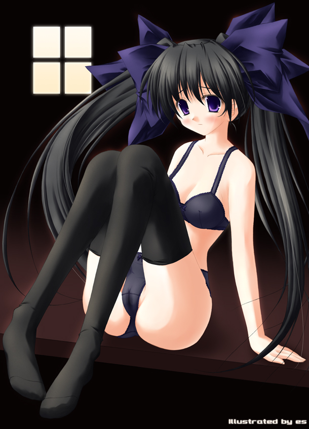 es (glasscastle), priest (ragnarok online), ragnarok online, 1girl, bra, cameltoe, female focus, lingerie, panties, solo, thighhighs, twintails, underwear, underwear only