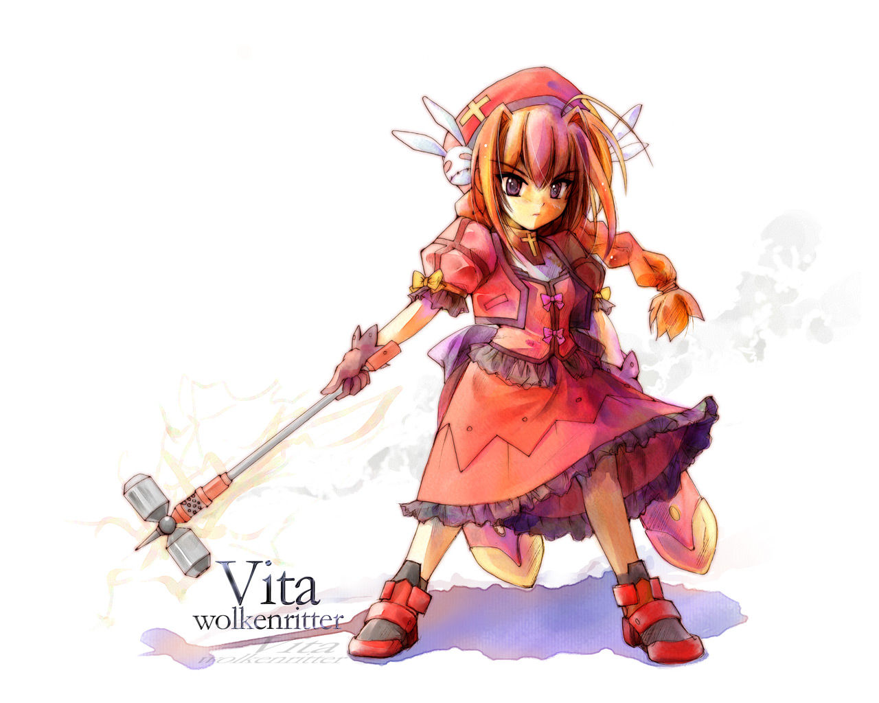 main, graf eisen, vita (nanoha), lyrical nanoha, mahou shoujo lyrical nanoha, mahou shoujo lyrical nanoha a's, 00s, 1girl, ahoge, beret, bow, braid, brown hair, character name, clothes lift, cross, dress, dress lift, female focus, frills, full body, gloves, hammer, hat, latin cross, legs apart, magical girl, puffy short sleeves, puffy sleeves, purple eyes, serious, short sleeves, simple background, solo, standing, twin braids, weapon, white background, wide stance, wind, wind lift