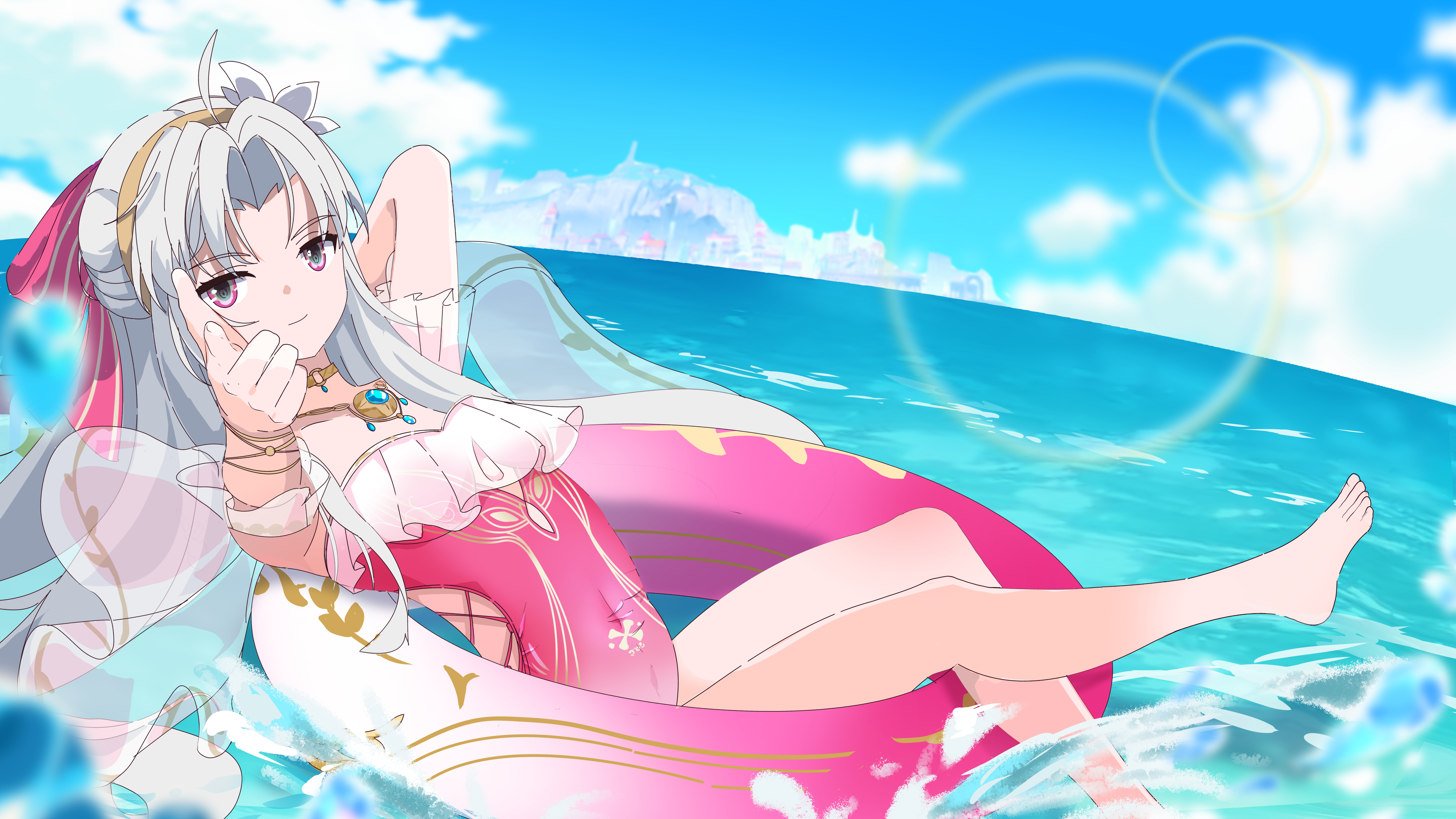 carlotta (splashing summer) (wuthering waves), carlotta (wuthering waves), wuthering waves, absurdres, highres, 1girl, ahoge, aqua eyes, arm up, bare legs, barefoot, blue sky, bow, casual one-piece swimsuit, closed mouth, day, finger gun, flower, frilled one-piece swimsuit, frills, gold hairband, grey hair, hair bow, hair flower, hair ornament, hairband, legs, long hair, looking at viewer, missing commentary, ocean, off-shoulder one-piece swimsuit, off shoulder, official alternate costume, one-piece swimsuit, outdoors, parted bangs, pink bow, pink one-piece swimsuit, pointing, pointing at viewer, qianbihezhong, sky, smile, solo, striped bow, swimsuit, toes, white flower