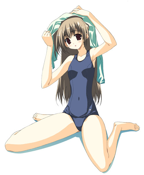 miyatsuki itsuka, original, 1girl, brown hair, female focus, long hair, one-piece swimsuit, school swimsuit, sitting, solo, swimsuit, towel, towel on head, wariza