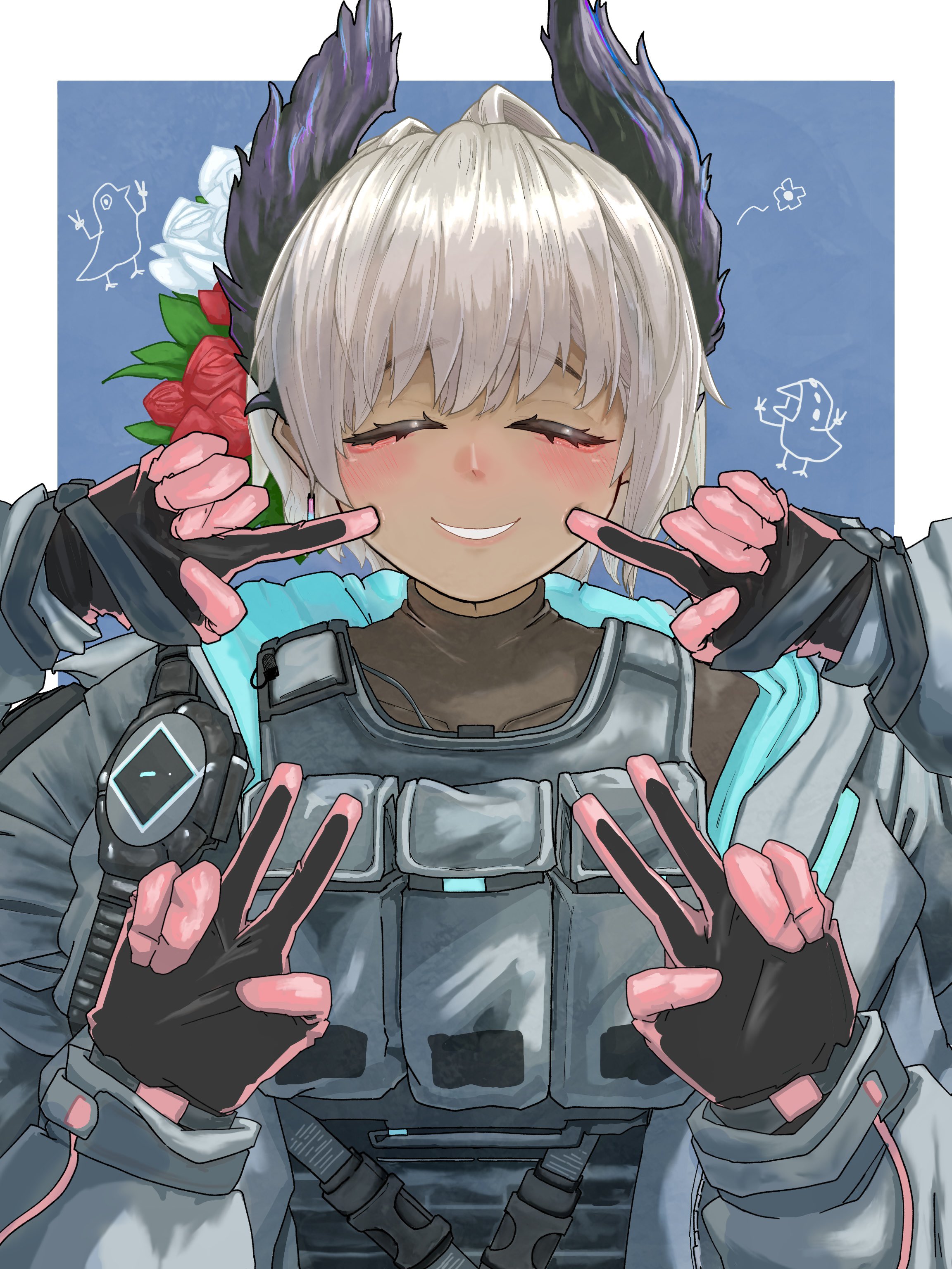 raidian (arknights), arknights, absurdres, commentary request, highres, 1girl, bird girl, black feathers, blush, bsyab1, closed eyes, dark-skinned female, dark skin, double v, extra arms, feather hair, feathers, flower, gloves, grey hair, hair flower, hair ornament, head wings, jacket, pink gloves, short hair, smile, solo, tactical clothes, two-tone gloves, v, wings