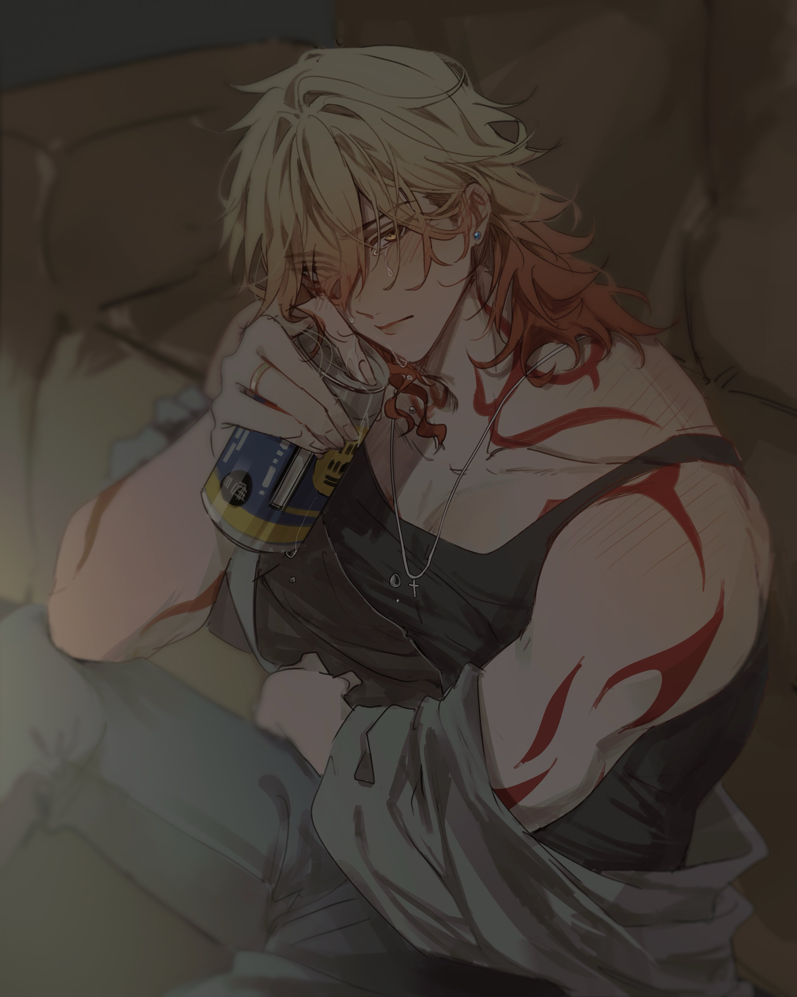 ggtnnk, mydei (honkai: star rail), honkai: star rail, honkai (series), absurdres, commentary, highres, symbol-only commentary, 1boy, arm tattoo, beer can, black tank top, blonde hair, blush, can, crying, crying with eyes open, denim, drink can, earrings, gold ring, gradient hair, hair between eyes, holding, holding can, jeans, jewelry, looking at viewer, male focus, medium hair, multicolored hair, necklace, pants, red hair, red tattoo, shoulder tattoo, solo, tank top, tattoo, tears, toned, toned male, yellow eyes