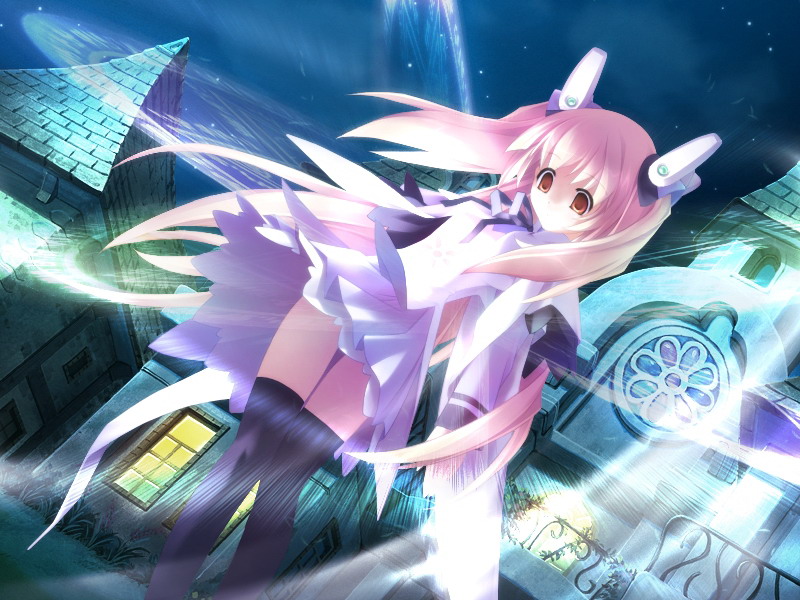 mizukimaru, milfaria floyheim, fandc, tenkuu no symphonia, game cg, 1girl, black thighhighs, dutch angle, female focus, hair ornament, long hair, night, orange eyes, outdoors, pink hair, solo, thigh gap, thighhighs, thighs, twintails, wind, wind lift, zettai ryouiki