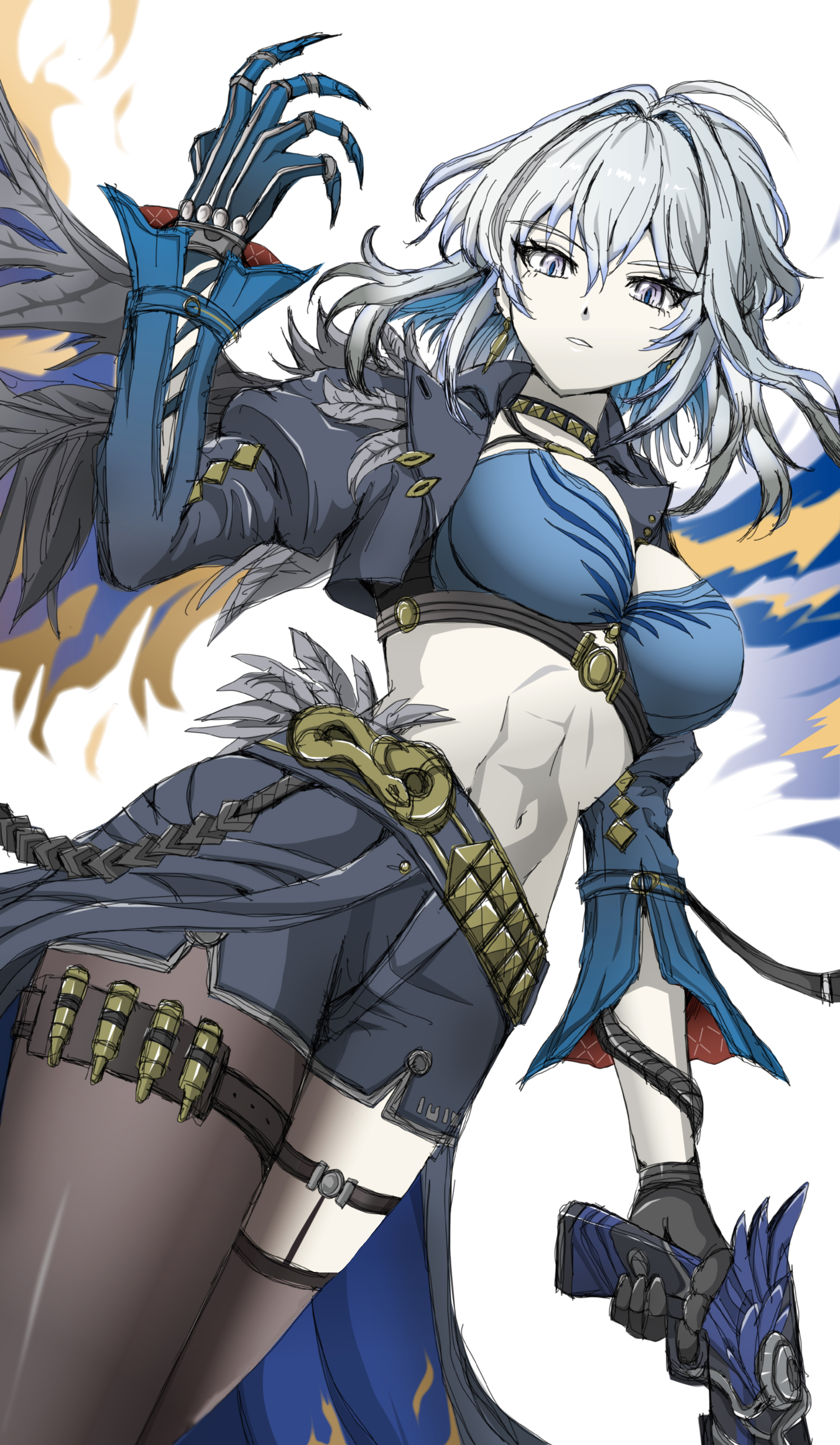 yoru (tokumori umaai), galbrena (wuthering waves), wuthering waves, absurdres, commentary, highres, 1girl, abs, ahoge, asymmetrical clothes, asymmetrical legwear, black gloves, black jacket, black pantyhose, black shorts, black thighhighs, blue bra, blue hair, blue nails, bra, breasts, colored inner hair, cropped jacket, feathered wings, gloves, gold choker, grey eyes, grey hair, gun, hair intakes, holding, holding gun, holding weapon, jacket, large breasts, multicolored hair, navel, pantyhose, short hair, shorts, single leg pantyhose, single pantsleg, single thighhigh, solo, stomach, thighhighs, thighs, underwear, uneven legwear, very long fingernails, weapon, wings