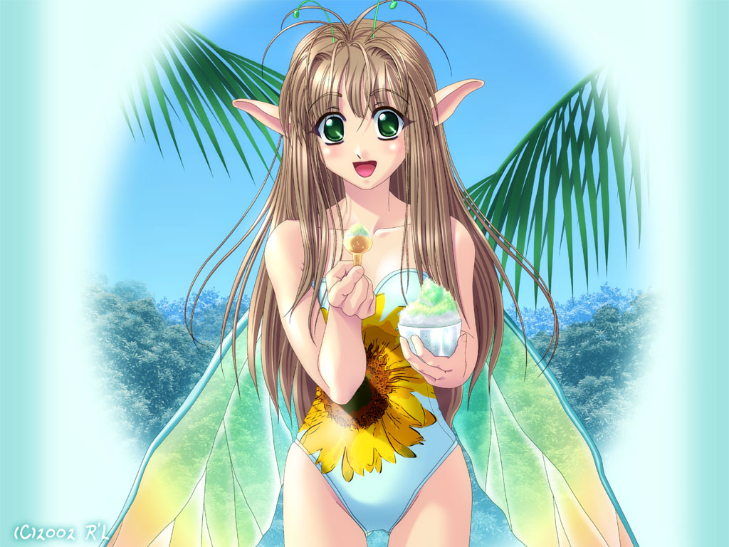 r'l, 00s, 1girl, 2002, antenna hair, antennae, bare shoulders, brown hair, casual one-piece swimsuit, fairy, female focus, floral print, flower, food, forest, green eyes, ice cream, insect wings, long hair, nature, one-piece swimsuit, outdoors, palm tree, pointy ears, print swimsuit, shaved ice, sky, smile, solo, strapless, strapless one-piece swimsuit, sunflower, swimsuit, tree, wings