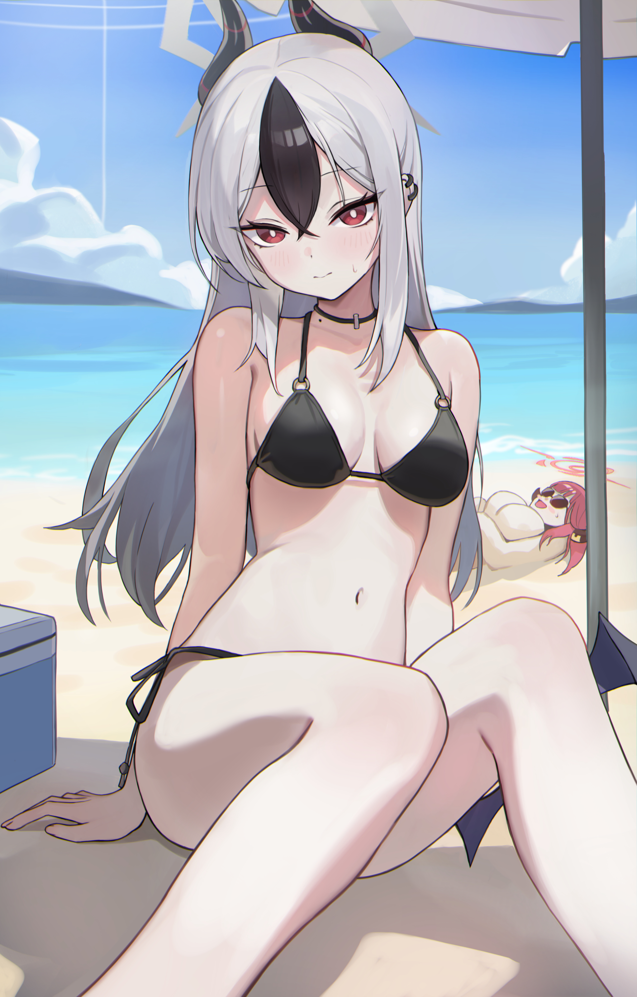loloco, aru (blue archive), kayoko (blue archive), blue archive, absurdres, highres, 2girls, beach, beach umbrella, bikini, black bikini, black choker, blue sky, breasts, buried in sculpted sand, choker, closed mouth, cloud, cooler, day, demon girl, demon horns, demon wings, grey halo, halo, horns, large breasts, long hair, looking at viewer, medium breasts, mole, mole on neck, multicolored hair, multiple girls, navel, ocean, outdoors, pink hair, pink halo, red eyes, side-tie bikini bottom, single wing, sitting, sky, solo focus, stomach, streaked hair, sunglasses, swimsuit, thighs, umbrella, very long hair, water, white hair, wings