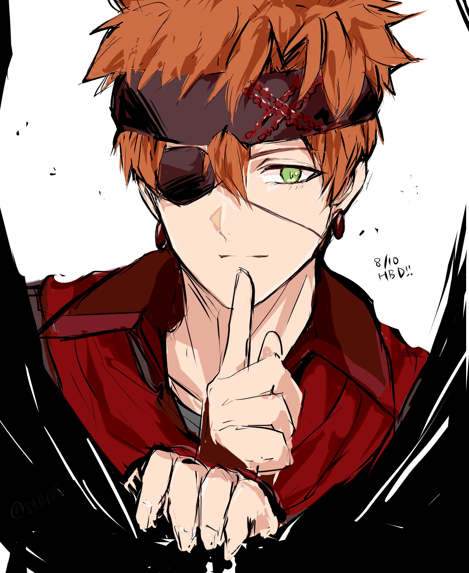 sodamachi, lavi, d.gray-man, highres, 1boy, brown headband, collared jacket, curtain grab, curtains, earrings, eyepatch, finger to mouth, green eyes, grey jacket, hair between eyes, headband, hoop earrings, jacket, jewelry, looking at viewer, male focus, messy hair, one eye covered, orange hair, red scarf, scarf, short hair, sidelocks, simple background, solo, striped clothes, striped headband, striped jacket, white background