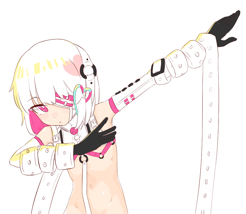 liveactors, porno (dohna dohna), dohna dohna issho ni warui koto o shiyou, commentary request, 1girl, ball gag, black gloves, bright pupils, dab (dance), detached sleeves, eyepatch, gag, gloves, hair ornament, heart, heart hair ornament, looking at viewer, o-ring, pink eyes, pink hair, revealing clothes, short hair, simple background, solo, strap, white background, white hair, white pupils