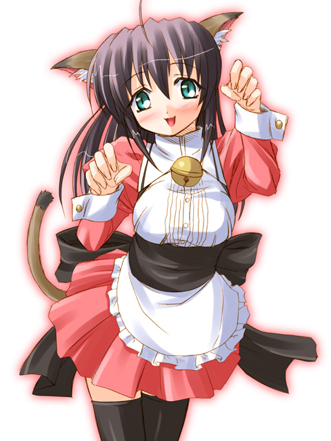 kariga, 1girl, animal ears, bell, breasts, cat ears, cat tail, cowboy shot, female focus, jingle bell, solo, standing, tail, thighhighs, waitress, white background