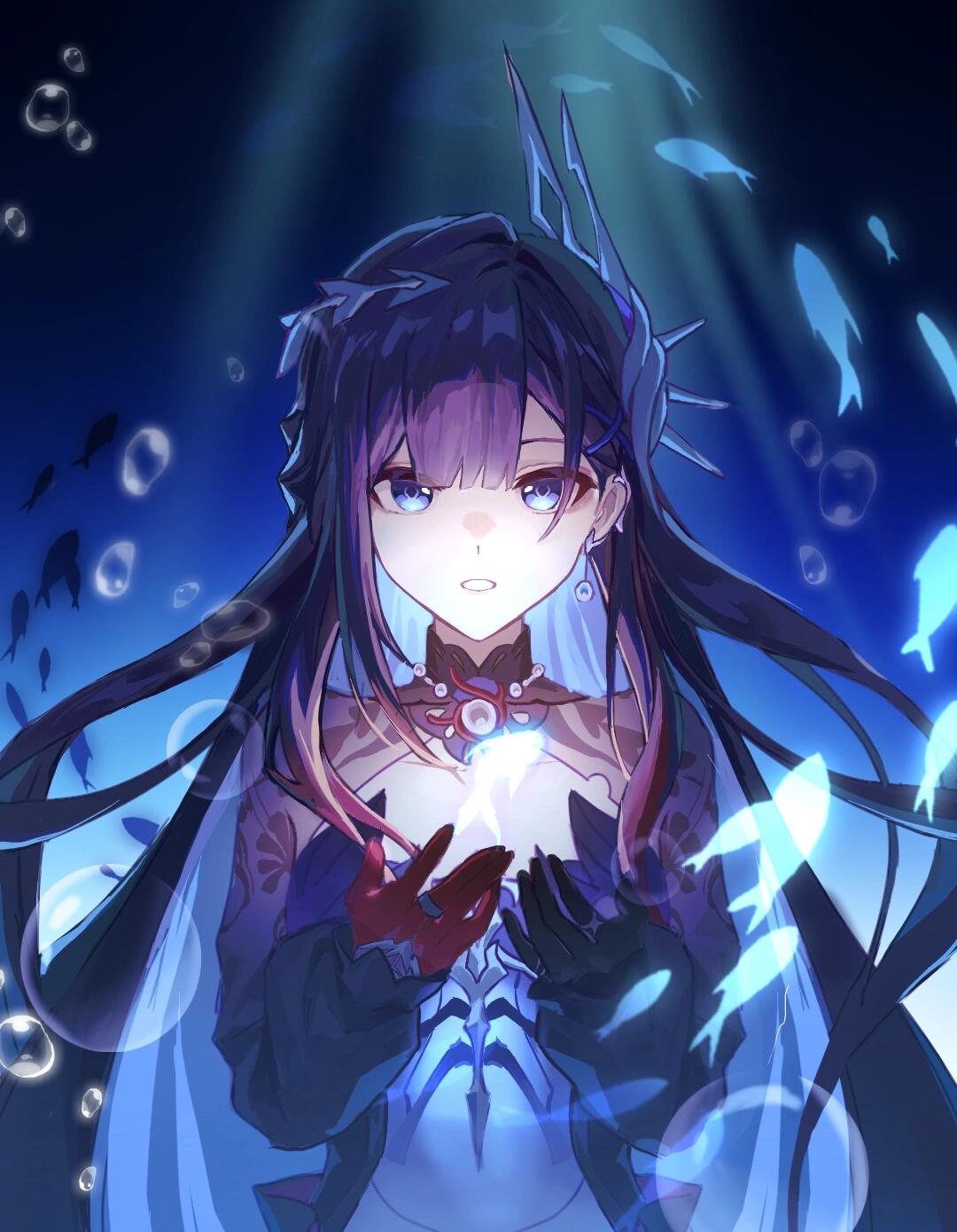 hysilens (honkai: star rail), honkai: star rail, honkai (series), bad source, highres, 1girl, air bubble, black hair, blue eyes, bubble, earrings, fish, gloves, hair ornament, jewelry, long hair, looking at viewer, multicolored hair, parted lips, pearl earrings, purple hair, solo, underwater, upper body, zhengzong ningmengcha
