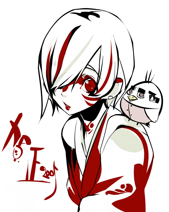 bunbun, derivative work, vector trace, 1girl, animal, animal on shoulder, bird, bird on shoulder, bodypaint, female focus, lipstick, looking at viewer, makeup, simple background, solo, tattoo, white background