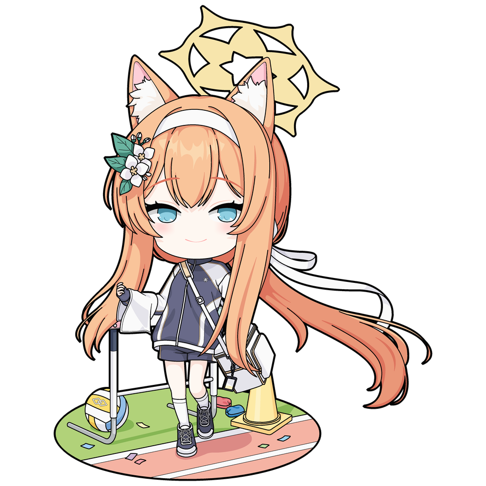 one-take, mari (blue archive), mari (track) (blue archive), blue archive, 1girl, animal ear fluff, blue eyes, cat girl, chibi, flower, gym shirt, gym shorts, gym uniform, hairband, halo, jacket, long hair, official alternate costume, official alternate hairstyle, orange hair, shirt, shorts, smile, track jacket, very long hair, white flower, white hairband, yellow halo