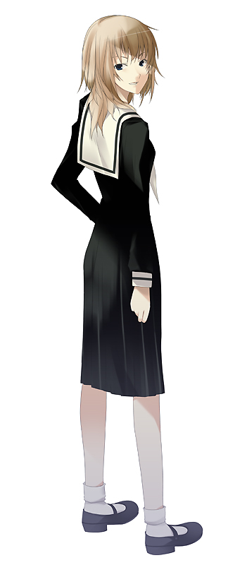 mizuki makoto, satou sei, maria-sama ga miteru, 00s, 1girl, black dress, blonde hair, blue eyes, brown hair, clenched teeth, dress, female focus, full body, long sleeves, looking at viewer, mary janes, parted lips, sailor collar, shoes, short hair, simple background, socks, solo, standing, teeth, white background, white socks
