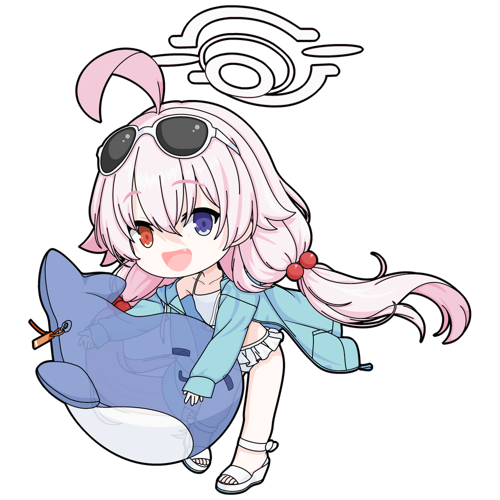 one-take, hoshino (blue archive), hoshino (swimsuit) (blue archive), blue archive, 1girl, ahoge, bikini, blue eyes, chibi, eyewear on head, fang, frilled bikini, frills, hair bobbles, hair ornament, halo, inflatable toy, inflatable whale, long hair, looking at viewer, low twintails, official alternate costume, open mouth, pink hair, pink halo, smile, solo, sunglasses, swimsuit, twintails, white-framed eyewear, white bikini