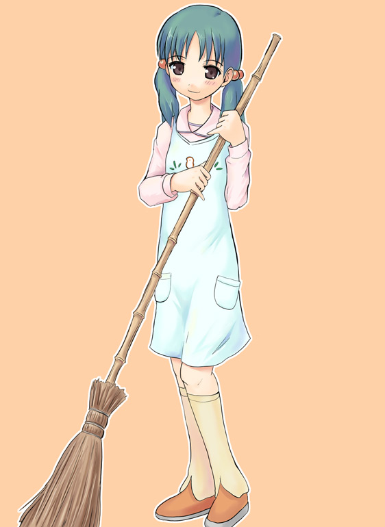 otsutama takashi, hisakawa maachi, gokujou seitokai, 00s, 1girl, apron, bamboo broom, broom, female focus, orange background, simple background, solo