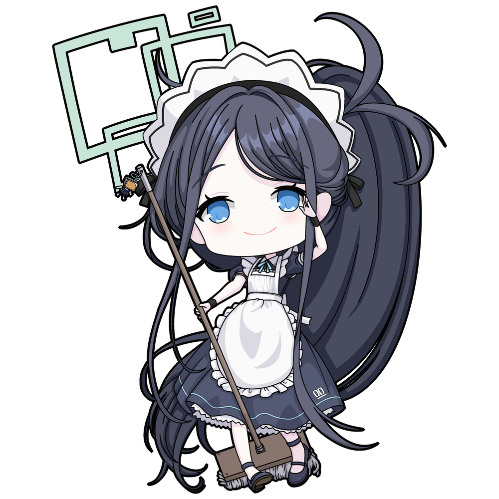 one-take, aris (blue archive), aris (maid) (blue archive), blue archive, 1girl, absurdly long hair, apron, aqua halo, black dress, black hair, blue eyes, chibi, dress, frilled apron, frills, halo, holding, holding mop, long hair, maid apron, maid headdress, mop, number print, official alternate costume, official alternate hairstyle, ponytail, puffy short sleeves, puffy sleeves, rectangular halo, short sleeves, smile, very long hair, white apron