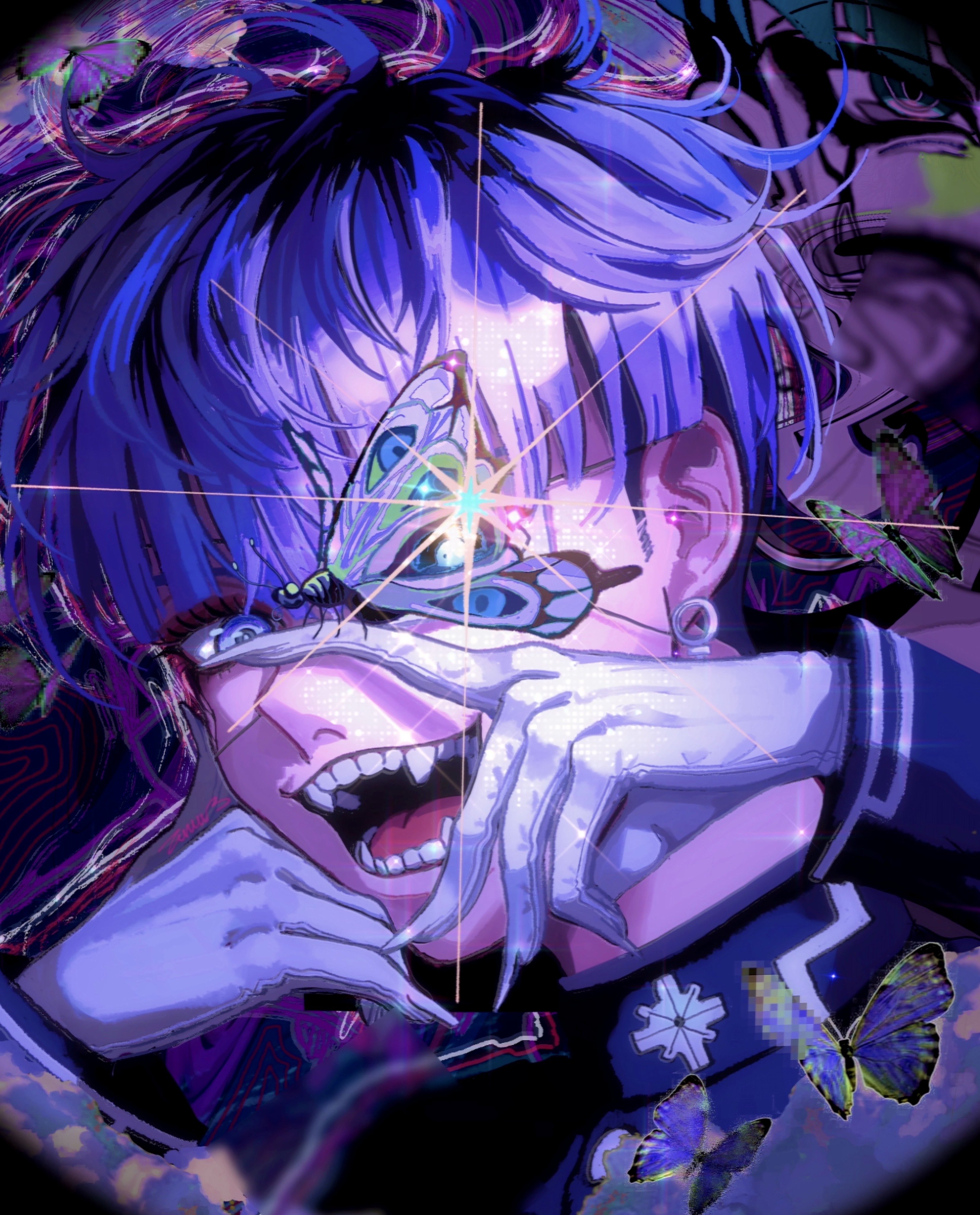 omokage yugamu, the hundred line -last defense academy-, absurdres, commentary, highres, symbol-only commentary, 1boy, black hair, blue eyes, blue hair, bug, butterfly, butterfly on hand, earrings, eye print, eyepatch, eyeshadow, fingernails, glint, gloves, grin, hands up, head rest, insect, jewelry, last defense academy school uniform, looking at viewer, makeup, male focus, multicolored hair, one eye covered, open mouth, portrait, print eyepatch, red eyeshadow, school uniform, sharp fingernails, short hair, smile, solo, teeth, white gloves, zumu 0404