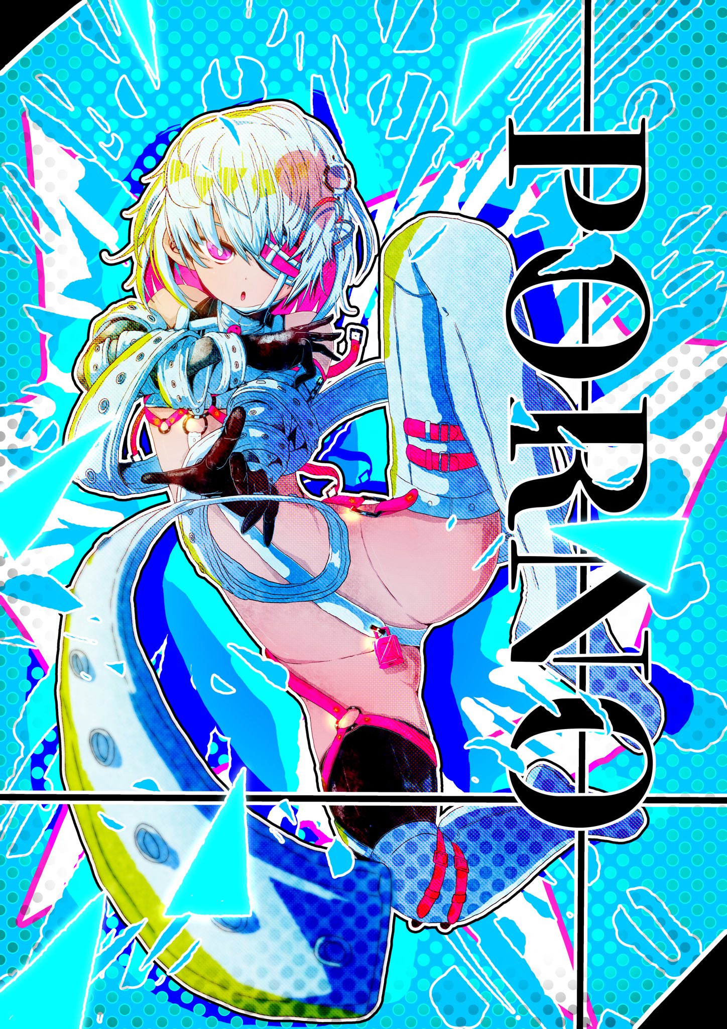 bane mk-2, porno (dohna dohna), dohna dohna issho ni warui koto o shiyou, commentary request, highres, 1girl, black gloves, black thighhighs, bright pupils, character name, crotch strap, eyepatch, foreshortening, full body, gag, gloves, hair ornament, heart, heart hair ornament, leg up, lock, looking at viewer, o-ring, open mouth, outstretched arm, padlock, short hair, solo, strap, thighhighs, white pupils, white thighhighs, wiffle gag