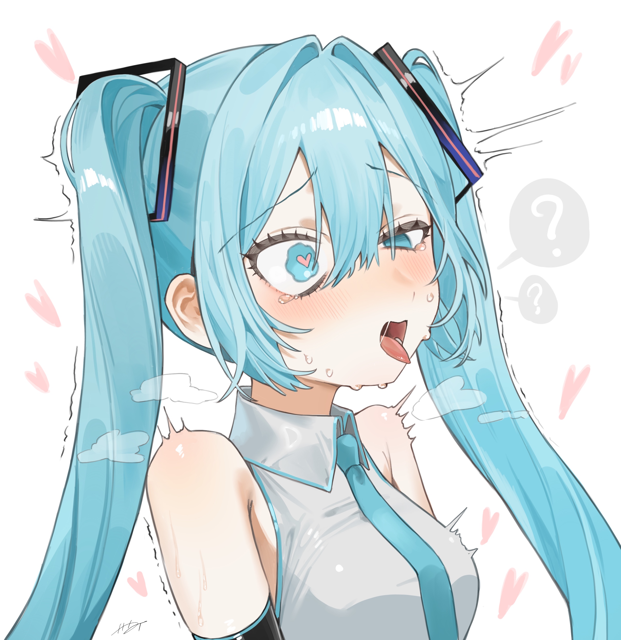 hakai orz, hatsune miku, vocaloid, absurdres, commentary request, highres, 1girl, aqua eyes, aqua hair, aqua necktie, breasts, collared shirt, hair intakes, heart, long hair, medium breasts, necktie, notice lines, open mouth, portrait, shirt, simple background, sleeveless, sleeveless shirt, solo, surprised, tongue, white background, white shirt