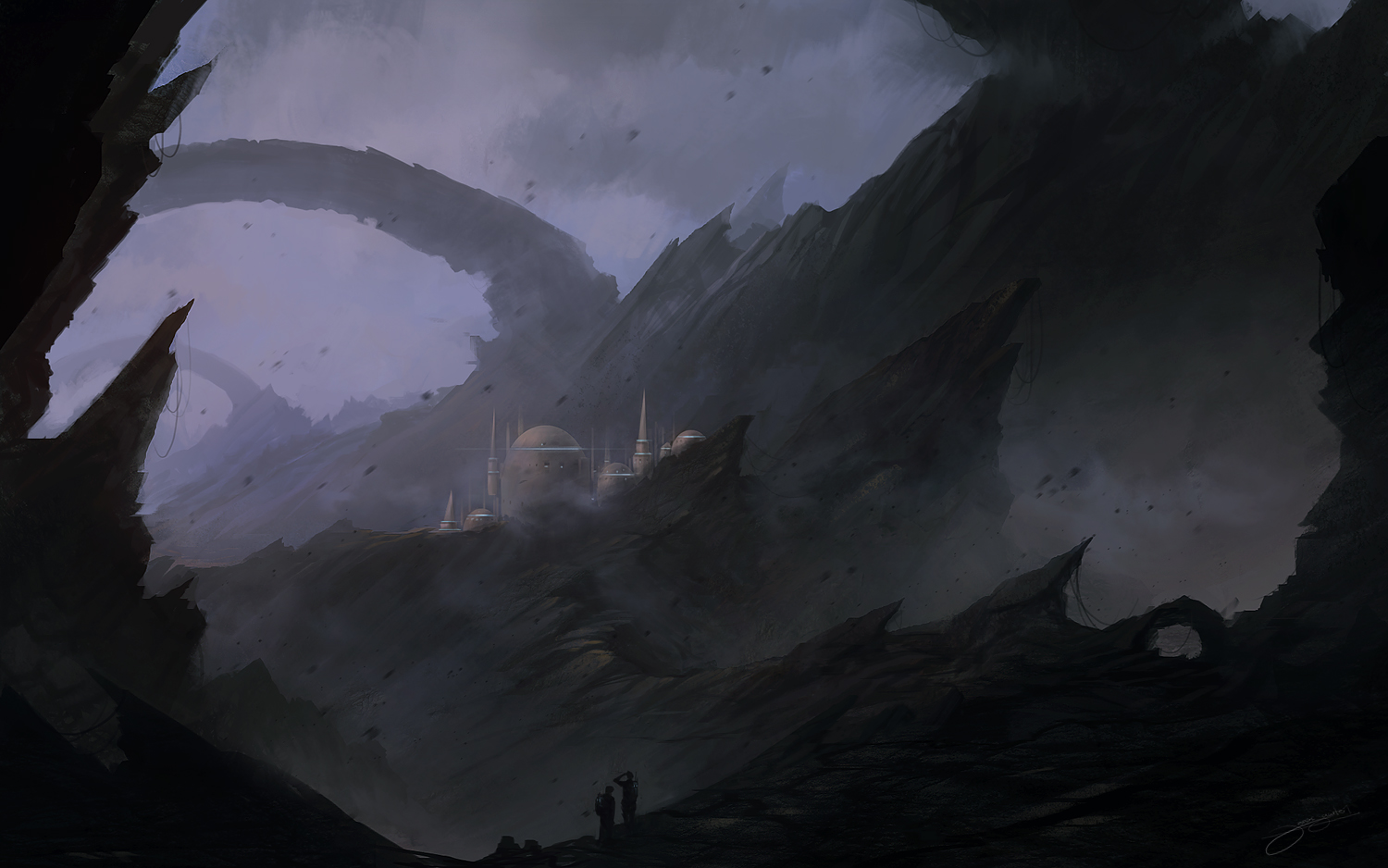jjcanvas, original, 2others, arch, cloud, cloudy sky, dust, landscape, mountain, multiple others, painterly, purple sky, purple theme, rock, scenery, science fiction, sky, standing, town, wind