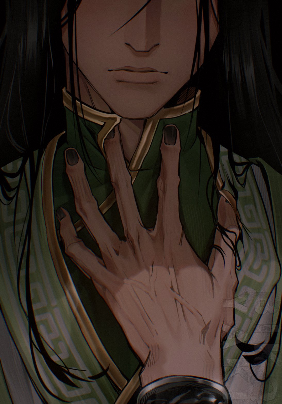 luo binghe, shen qingqiu, renzha fanpai zijiu xitong, highres, 2boys, bikoyaki, black background, black hair, black nails, chinese clothes, close-up, closed mouth, dark, eyes out of frame, green hanfu, hand focus, hand on another's chest, hanfu, head out of frame, high collar, long hair, long sleeves, male focus, multiple boys, out of frame, shadow, straight hair, upper body, veins, veiny hands, watermark