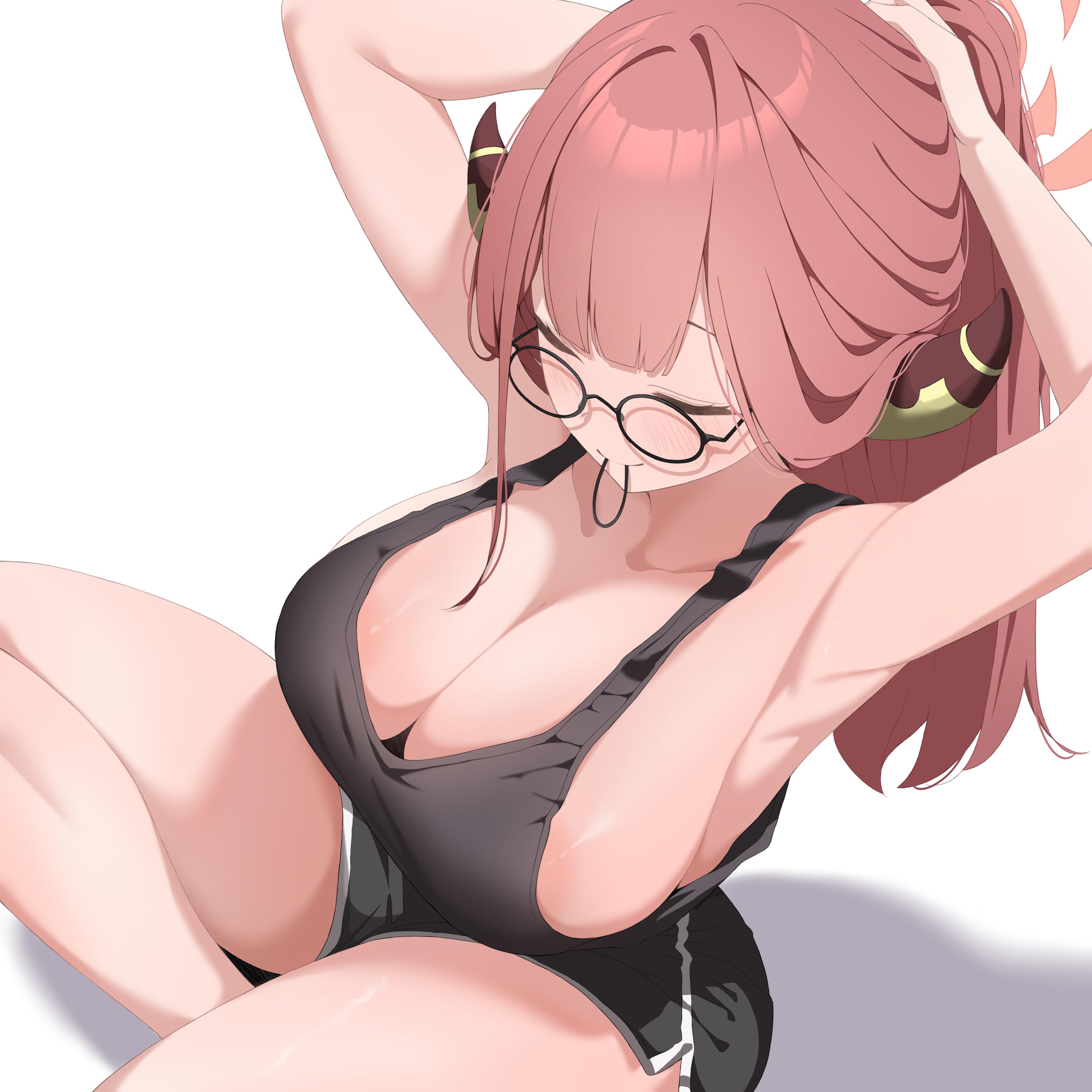 xionxxxxion, aru (blue archive), blue archive, absurdres, highres, 1girl, areola slip, arms behind head, ass, breasts, cleavage, dolphin shorts, from above, glasses, halo, horns, huge breasts, large areolae, large breasts, long hair, pink hair, short shorts, shorts, smile, tank top, thick thighs, thighs