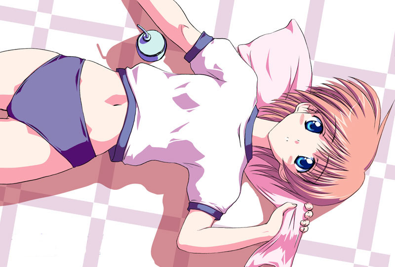 kishi nisen, 1girl, blue eyes, brown hair, buruma, female focus, gym uniform, looking at viewer, lying, midriff, on back, shadow, short hair, solo