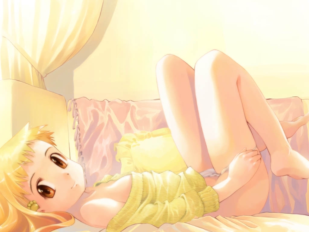 iuro, chiharu, nejire, 1girl, barefoot, blonde hair, brown eyes, female focus, legs up, loli, lying, on back, panties, panty pull, solo, sweater, underwear, white panties