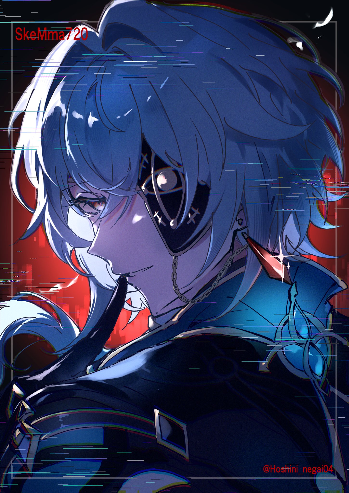 anaxa (honkai: star rail), cain, honkai: star rail, honkai (series), highres, 1boy, aqua hair, black jacket, earrings, eyepatch, gem, hair between eyes, half-closed eyes, hoshini negai04, jacket, jewelry, looking at viewer, male focus, medium hair, one eye covered, pink eyes, red gemstone, side ponytail, single earring, smirk, solo, twitter username, upper body