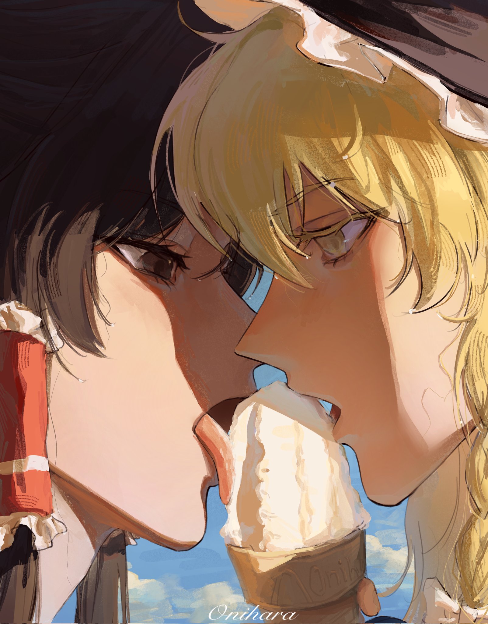 hakurei reimu, kirisame marisa, touhou, commentary request, highres, 2girls, 320tbsyc, black hair, black hat, blonde hair, bow, brown eyes, close-up, eating, food, frilled hair tubes, frills, from side, hair bow, hair tubes, hat, holding, holding food, holding ice cream, ice cream, licking, multiple girls, open mouth, soft serve, tongue, tongue out, white bow, yellow eyes, yuri