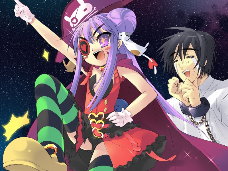 ito noizi, murakami hisato, yamada maririn, peace@pieces, game cg, 1boy, 1girl, eyepatch, heart, open mouth, pirate, striped clothes, striped thighhighs, tears, thighhighs