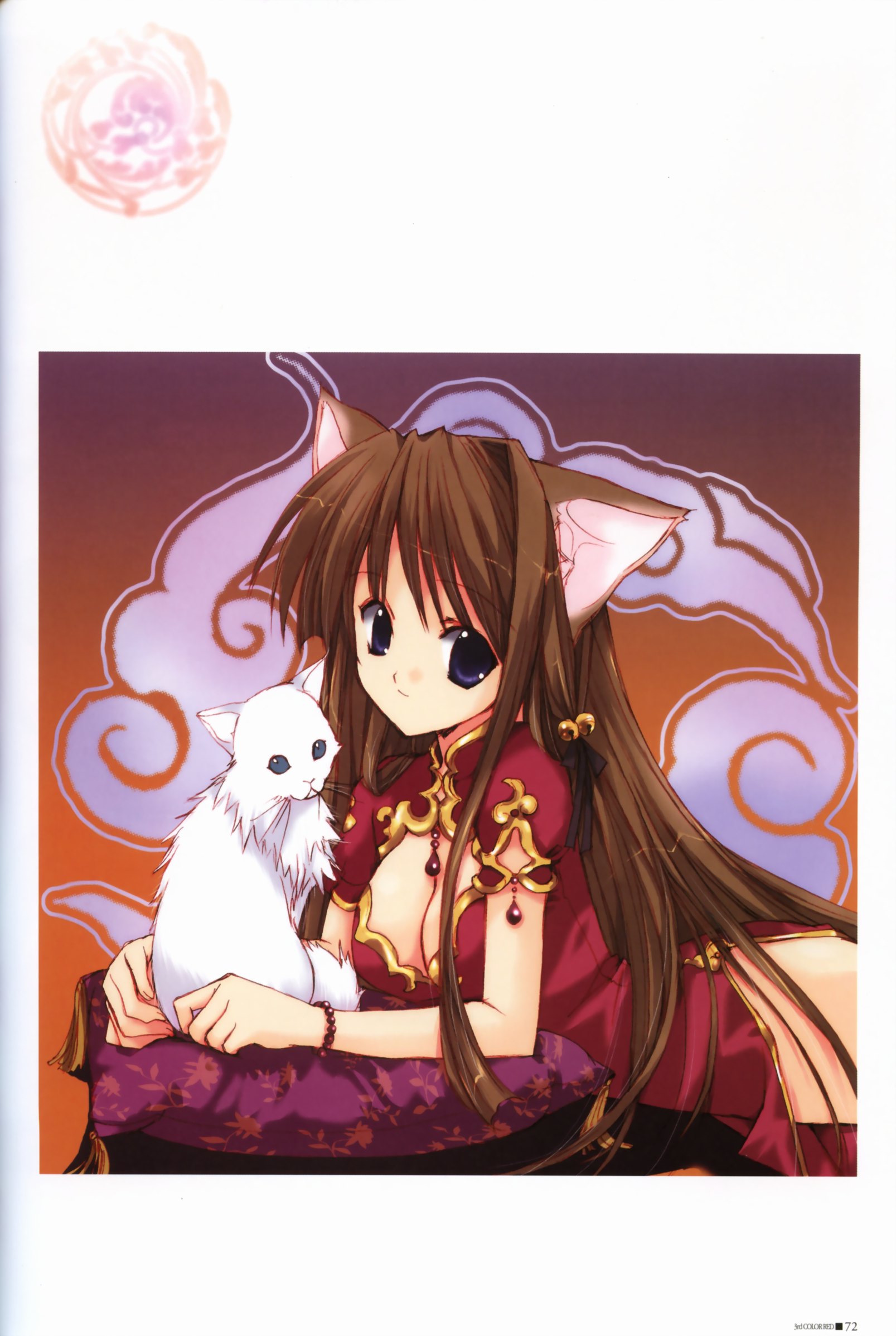 nanase aoi, aquarian age, highres, scan, 00s, 1girl, animal ears, brown hair, cat ears, china dress, chinese clothes, dress, female focus, long hair, solo