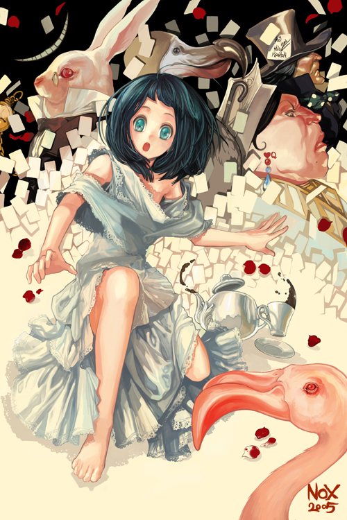 alice (alice in wonderland), cheshire cat (alice in wonderland), mad hatter (alice in wonderland), queen of hearts (alice in wonderland), white rabbit (alice in wonderland), alice's adventures in wonderland, 1boy, 2girls, barefoot, bird, black hair, blue eyes, card, feet, flamingo, floating card, hat, multiple girls, petals, pocket watch, tea, top hat, watch