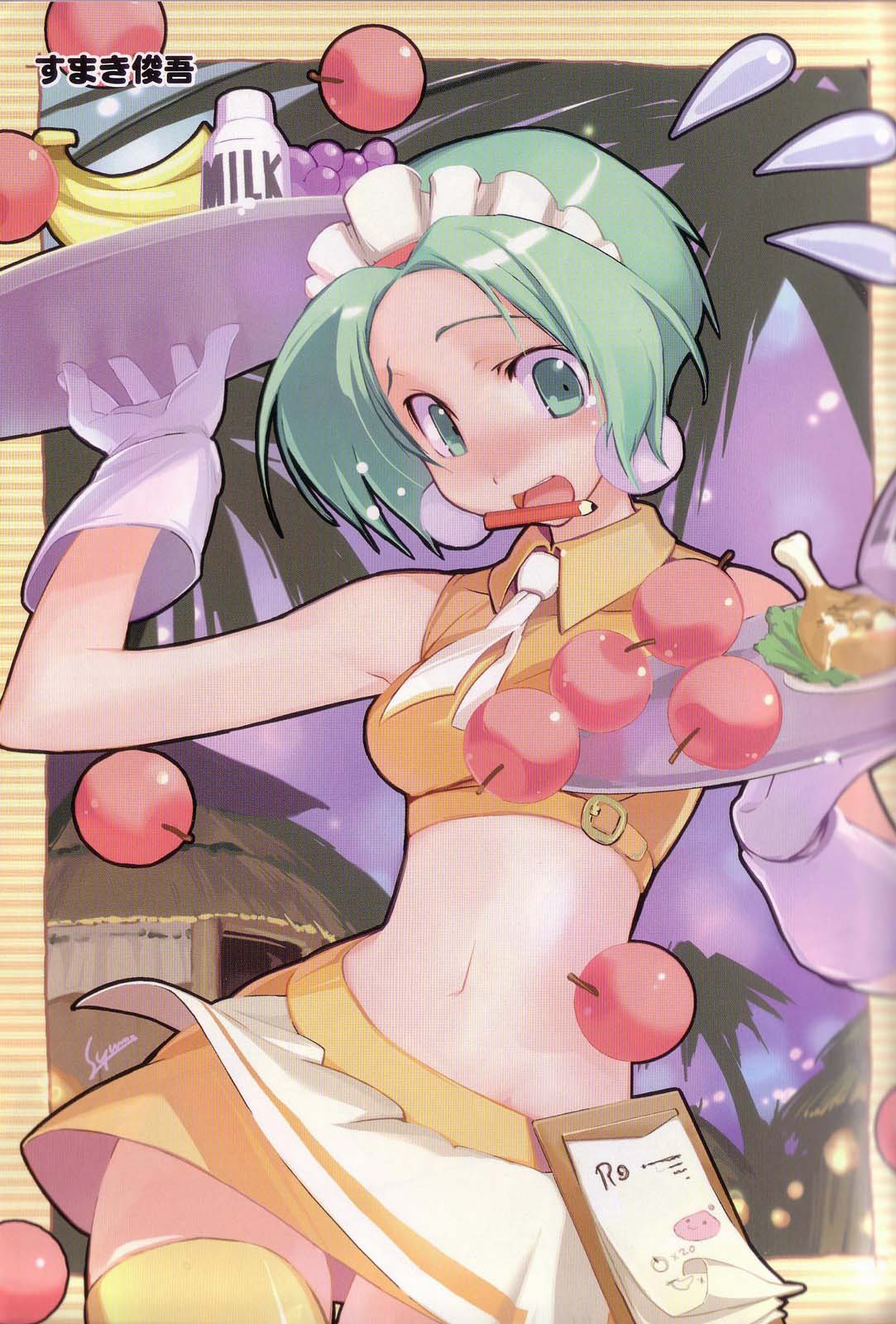 sumaki shungo, ragnarok online, highres, 1girl, apple, artist name, banana, buckle, crop top, earrings, female focus, flying sweatdrops, food, fruit, gloves, grapes, green eyes, green hair, jewelry, kafra uniform, maid headdress, matching hair/eyes, midriff, milk, miniskirt, necktie, palm tree, pencil, skirt, sleeveless, solo, thighhighs, tray, tree, tropical, waitress, white gloves, white necktie, wooden pencil